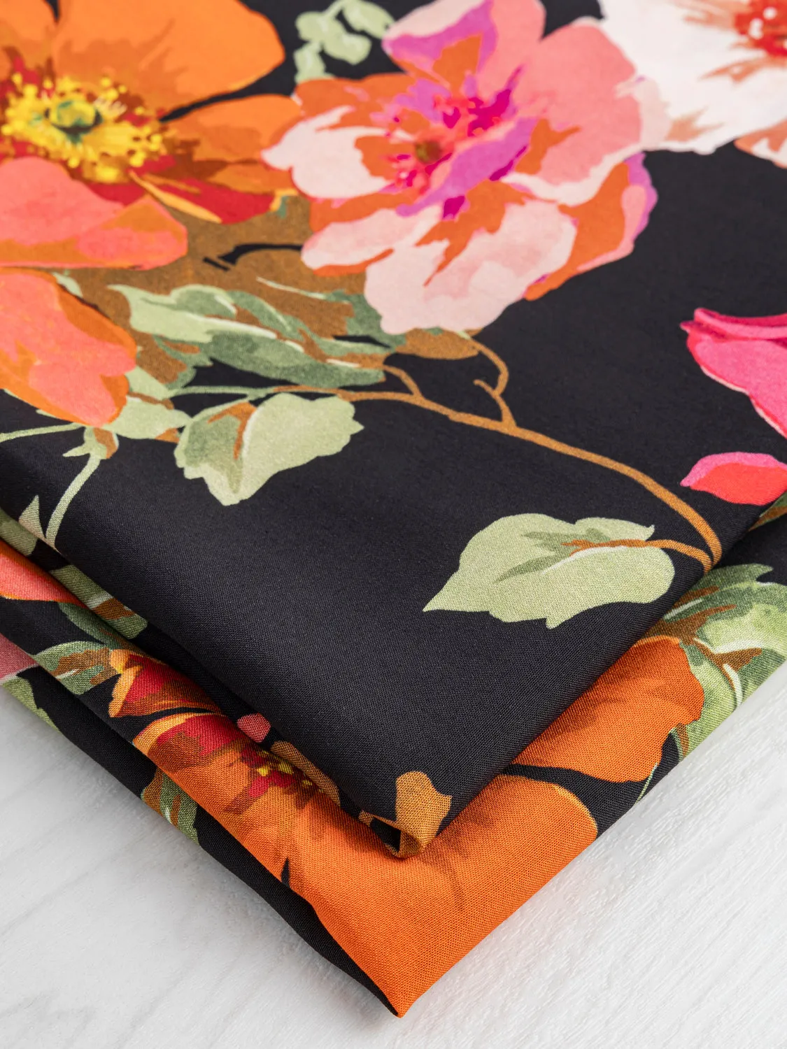 Large Poppy Floral Print Viscose Challis - Black   Red   Orange