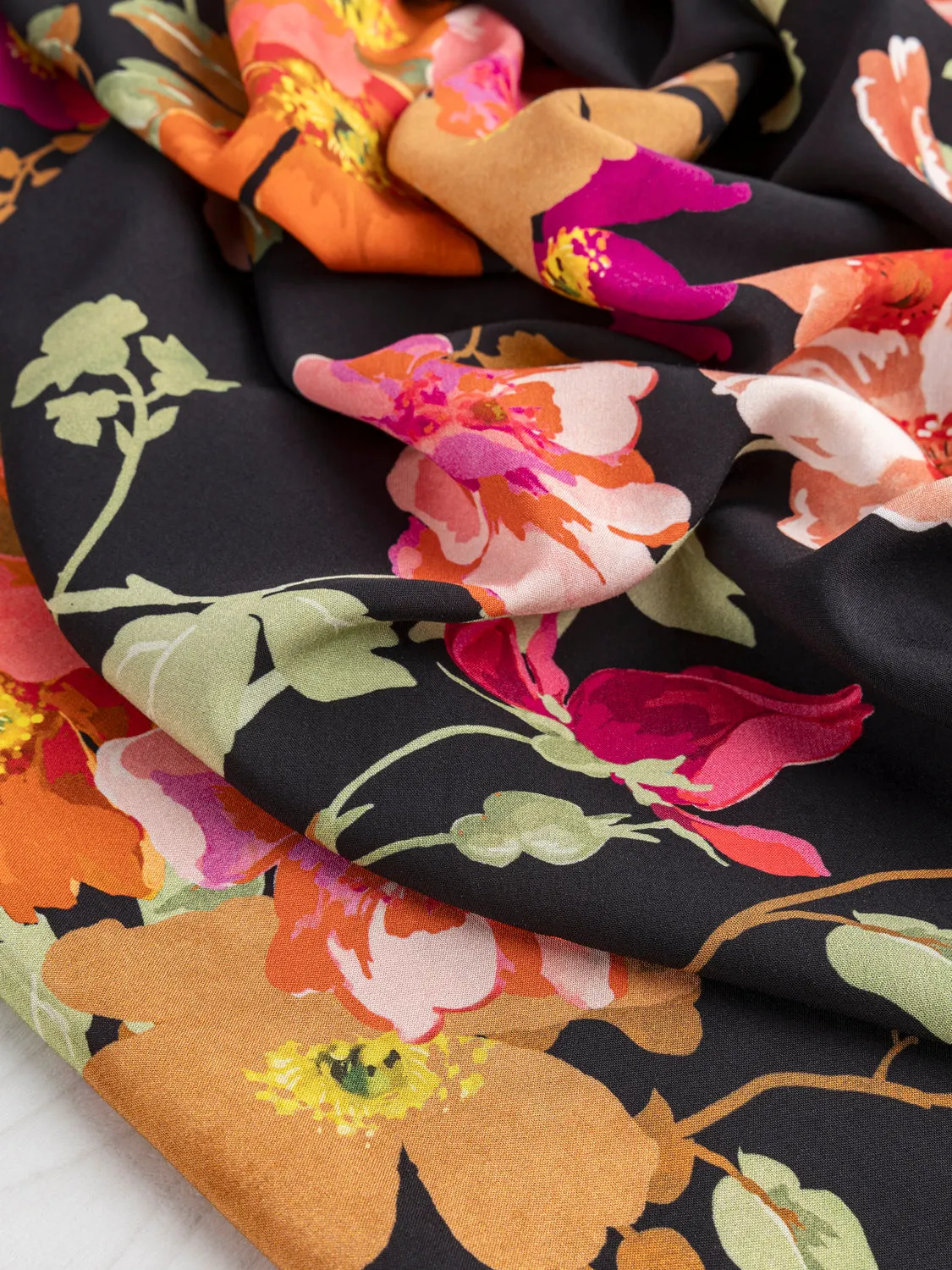 Large Poppy Floral Print Viscose Challis - Black   Red   Orange