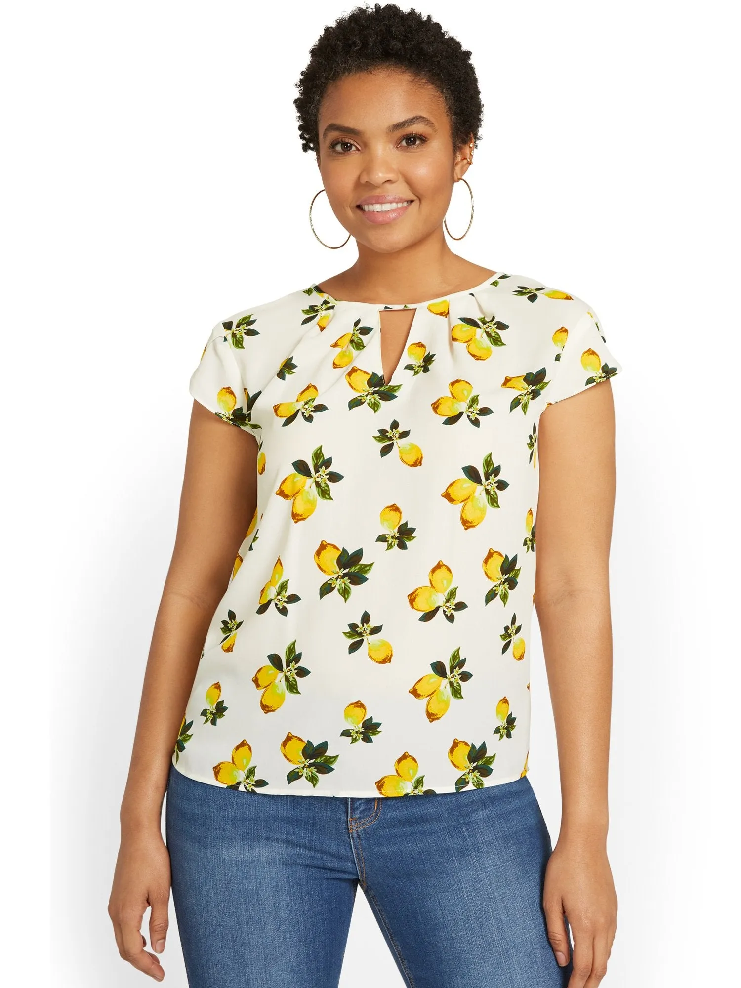 Lemon-Print Keyhole Cut-Out Top