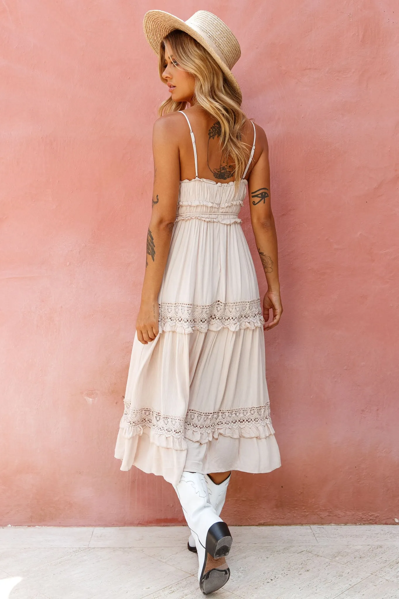 Meet You There Crochet & Frill Trim Detail Midi Dress Beige