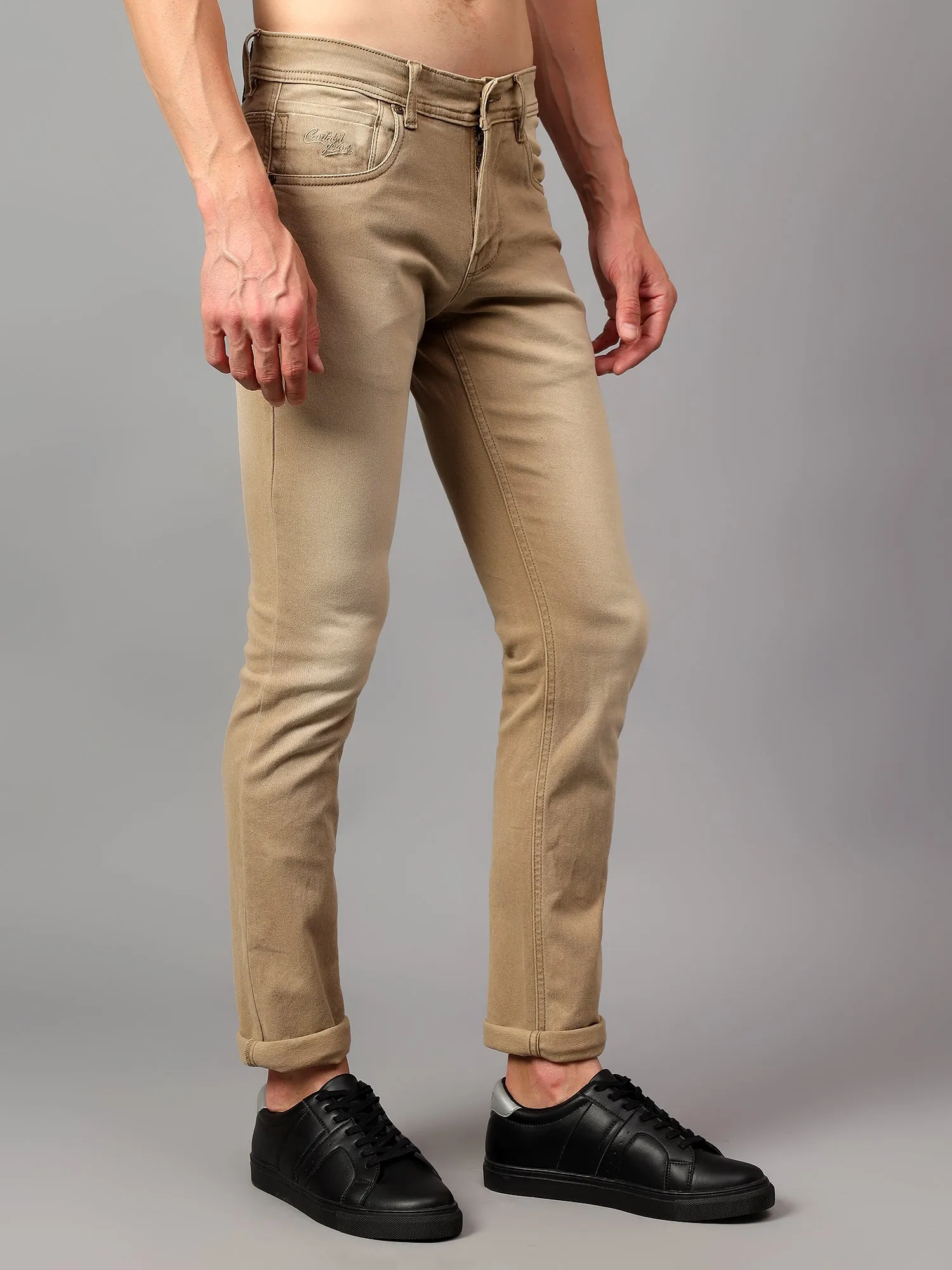 Men's Brown Solid Full Length Stretchable Jeans