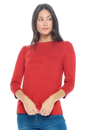 Myra Three Quarter Sleeve Slub Tee with Ruffled neckline