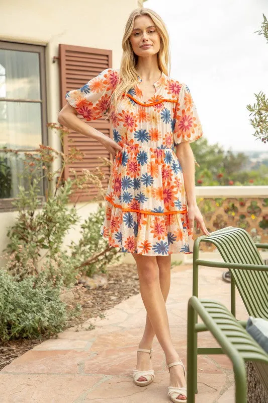 Orange Fringe Detailed Yoke And Hem Print Dress