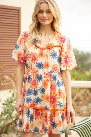 Orange Fringe Detailed Yoke And Hem Print Dress