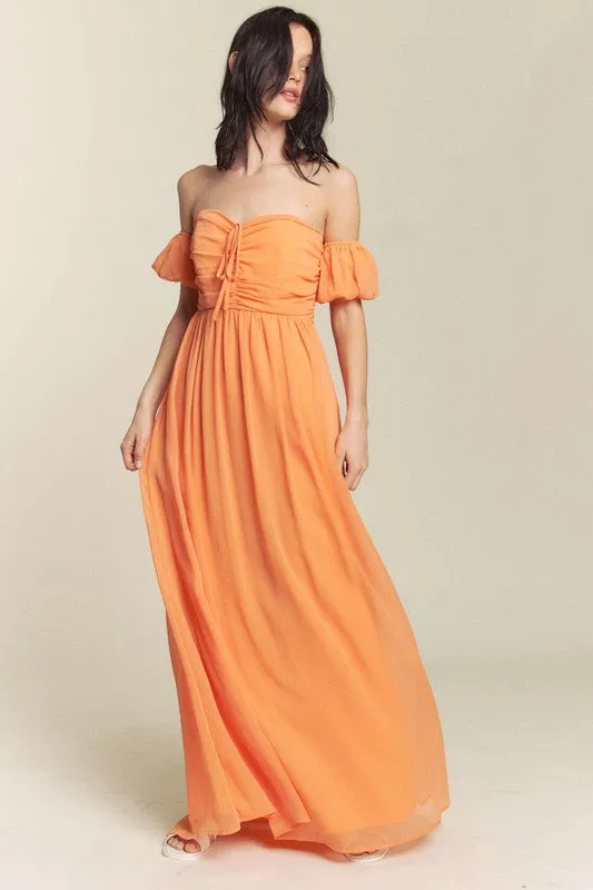 Orange Ruched Chest Off Shoulder Chiffon Maxi Dress