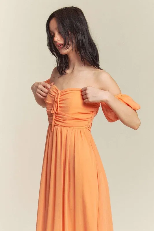 Orange Ruched Chest Off Shoulder Chiffon Maxi Dress