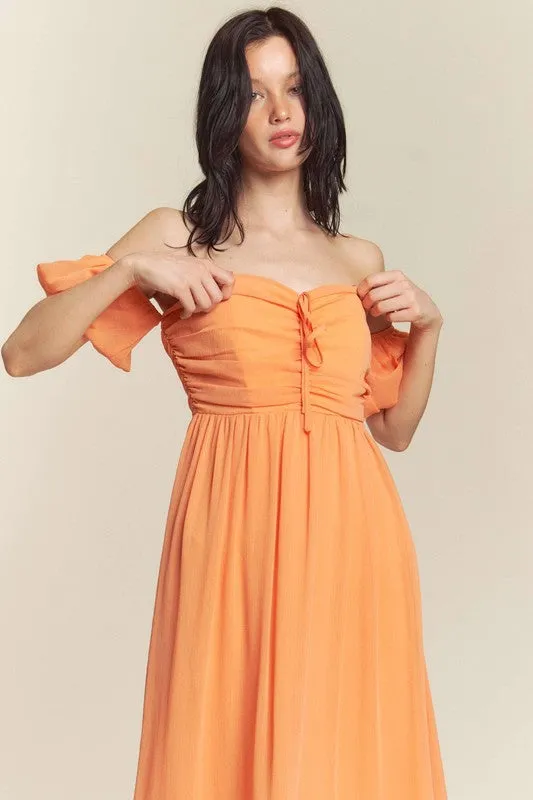 Orange Ruched Chest Off Shoulder Chiffon Maxi Dress