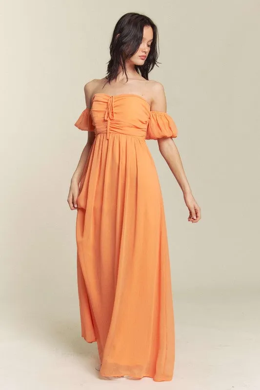 Orange Ruched Chest Off Shoulder Chiffon Maxi Dress