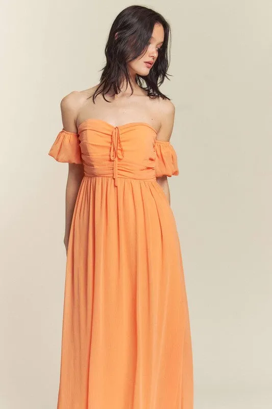 Orange Ruched Chest Off Shoulder Chiffon Maxi Dress