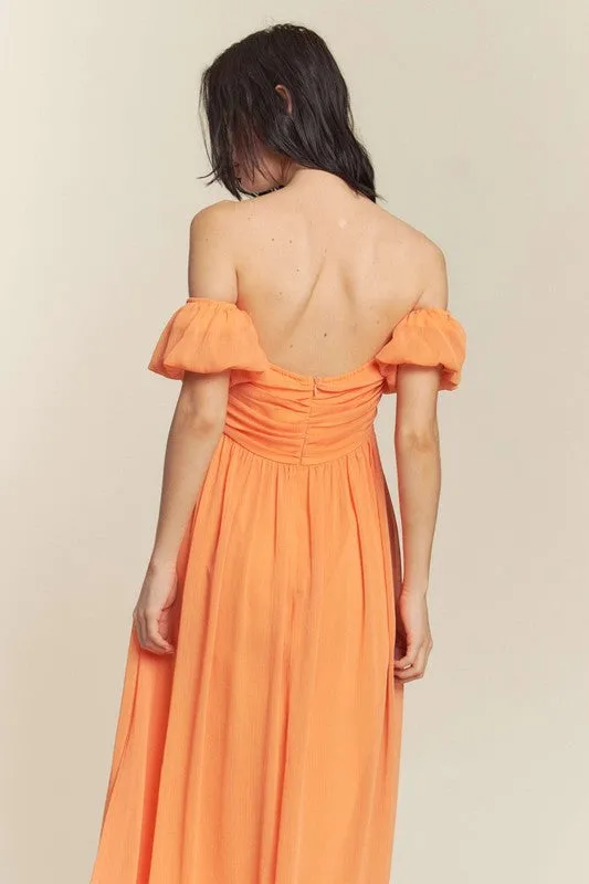 Orange Ruched Chest Off Shoulder Chiffon Maxi Dress