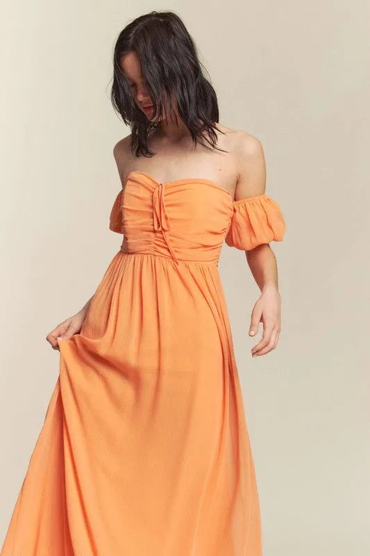 Orange Ruched Chest Off Shoulder Chiffon Maxi Dress