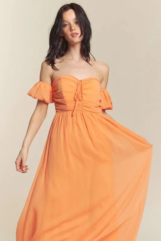 Orange Ruched Chest Off Shoulder Chiffon Maxi Dress