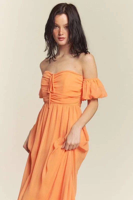 Orange Ruched Chest Off Shoulder Chiffon Maxi Dress