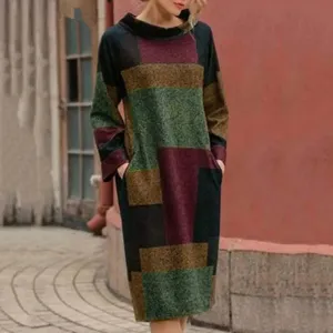 Patchwork Autumn Winter Large Size Long-Sleeved Loose Mid-Length Casual Vintage Dress