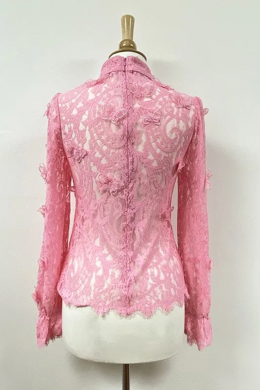 Pink Long Sleeve Mock Neck Butterfly Lace Blouse