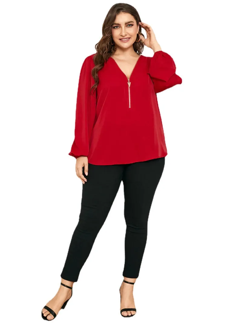 Plus Size V-neck Criss-Cross Zip Front Long Sleeves Blouse