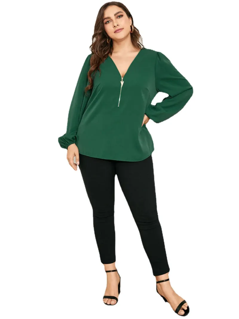 Plus Size V-neck Criss-Cross Zip Front Long Sleeves Blouse