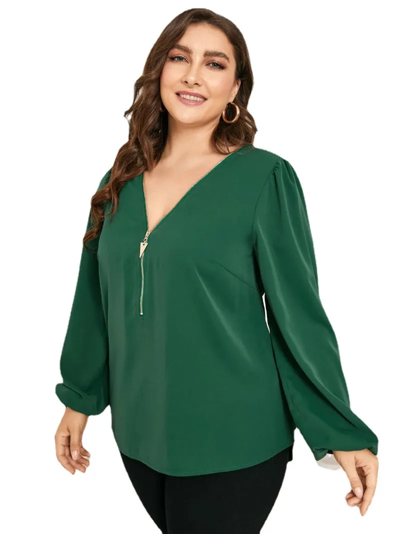 Plus Size V-neck Criss-Cross Zip Front Long Sleeves Blouse