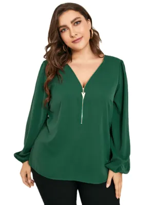 Plus Size V-neck Criss-Cross Zip Front Long Sleeves Blouse