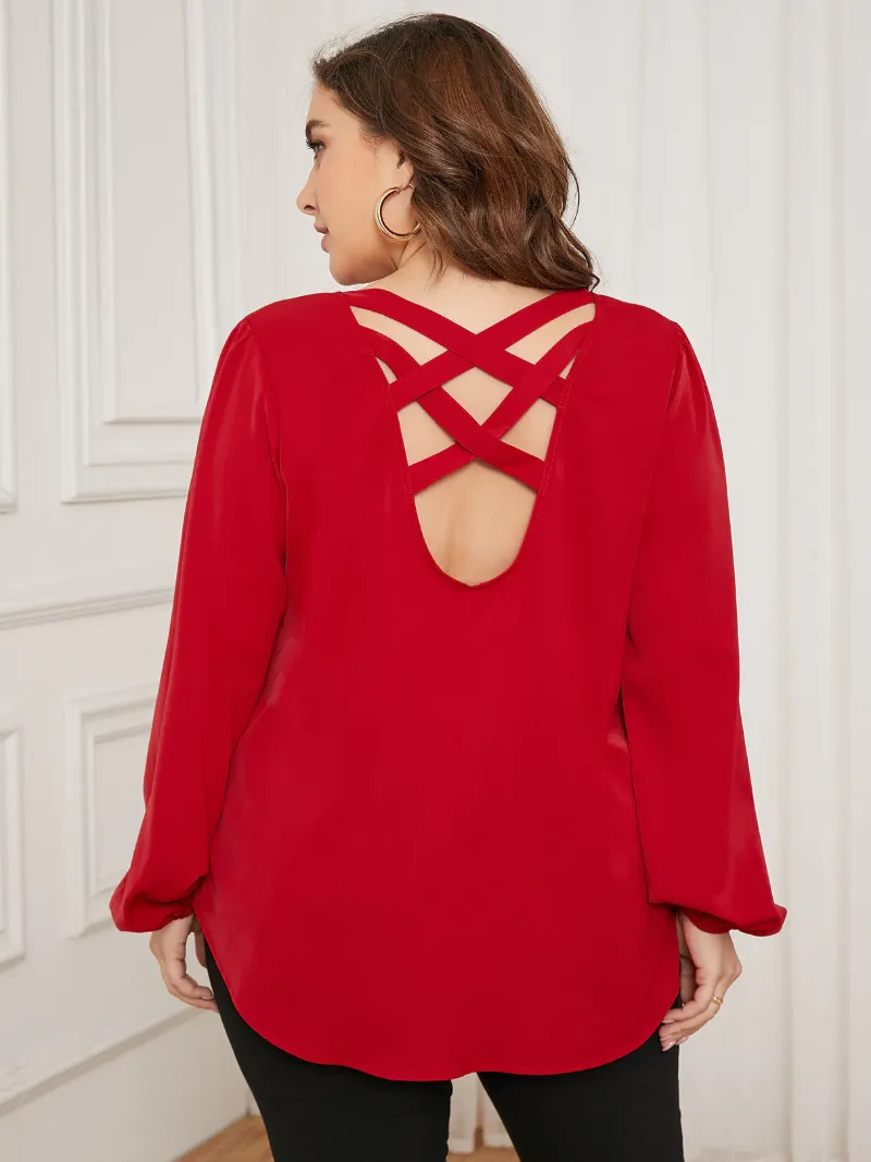 Plus Size V-neck Criss-Cross Zip Front Long Sleeves Blouse