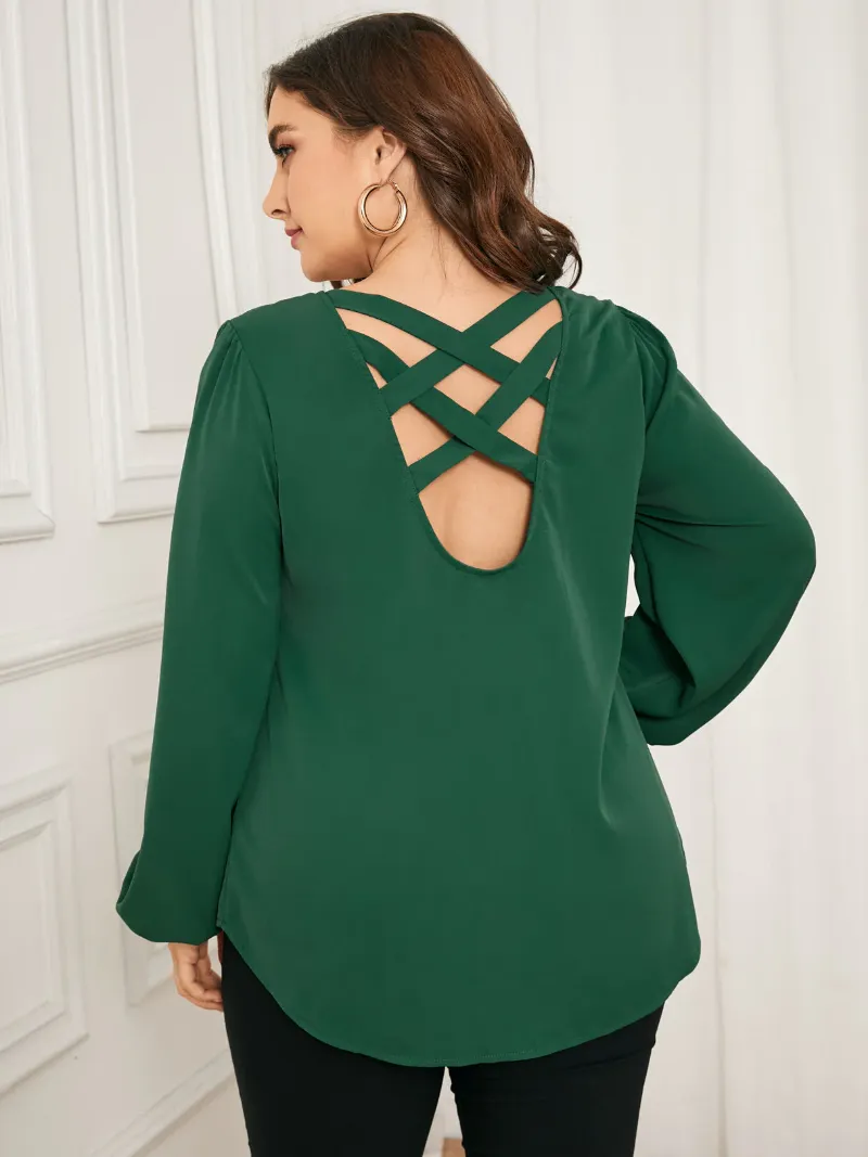 Plus Size V-neck Criss-Cross Zip Front Long Sleeves Blouse