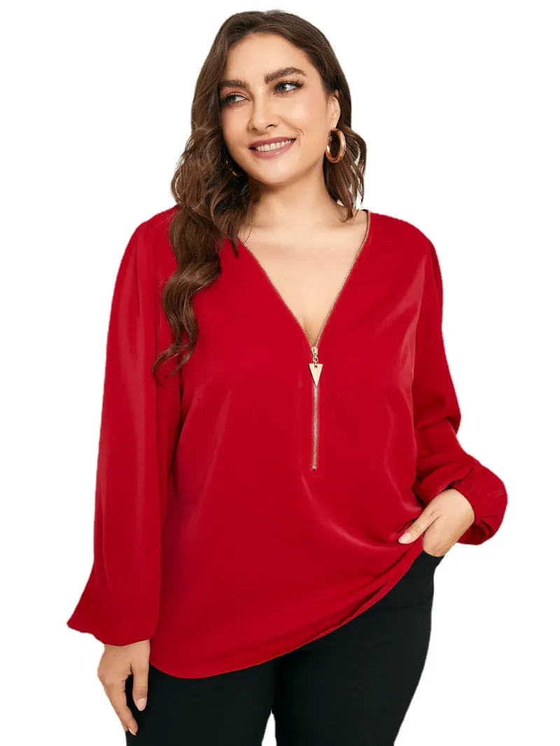 Plus Size V-neck Criss-Cross Zip Front Long Sleeves Blouse