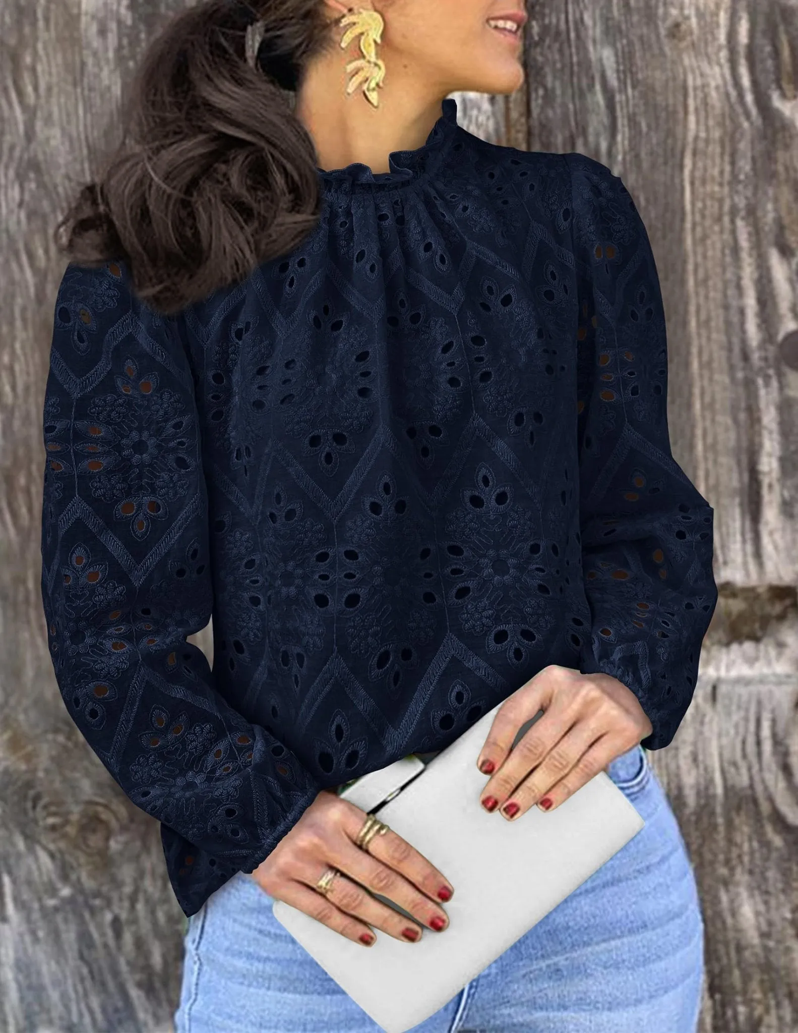 PRETTYGARDEN Womens Blouses Dressy Casual Embroidered Long Puff Sleeve Shirts Ruffle Eyelet Lace Top Fall Clothes (Navy,Medium)