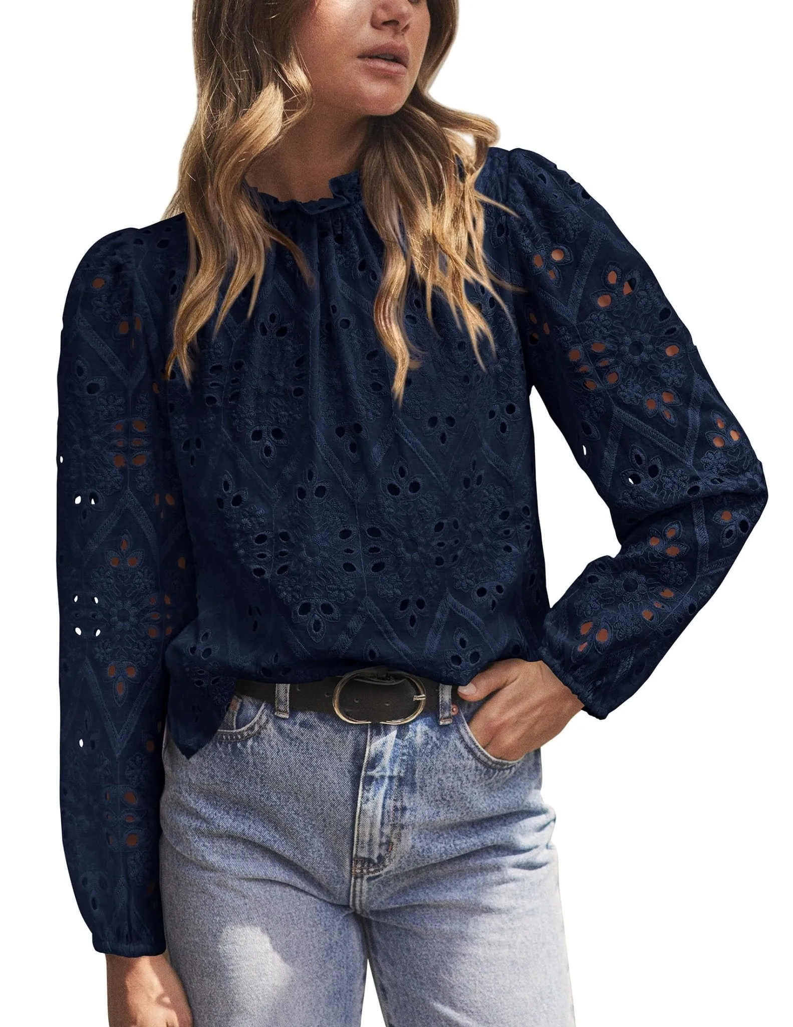 PRETTYGARDEN Womens Blouses Dressy Casual Embroidered Long Puff Sleeve Shirts Ruffle Eyelet Lace Top Fall Clothes (Navy,Medium)