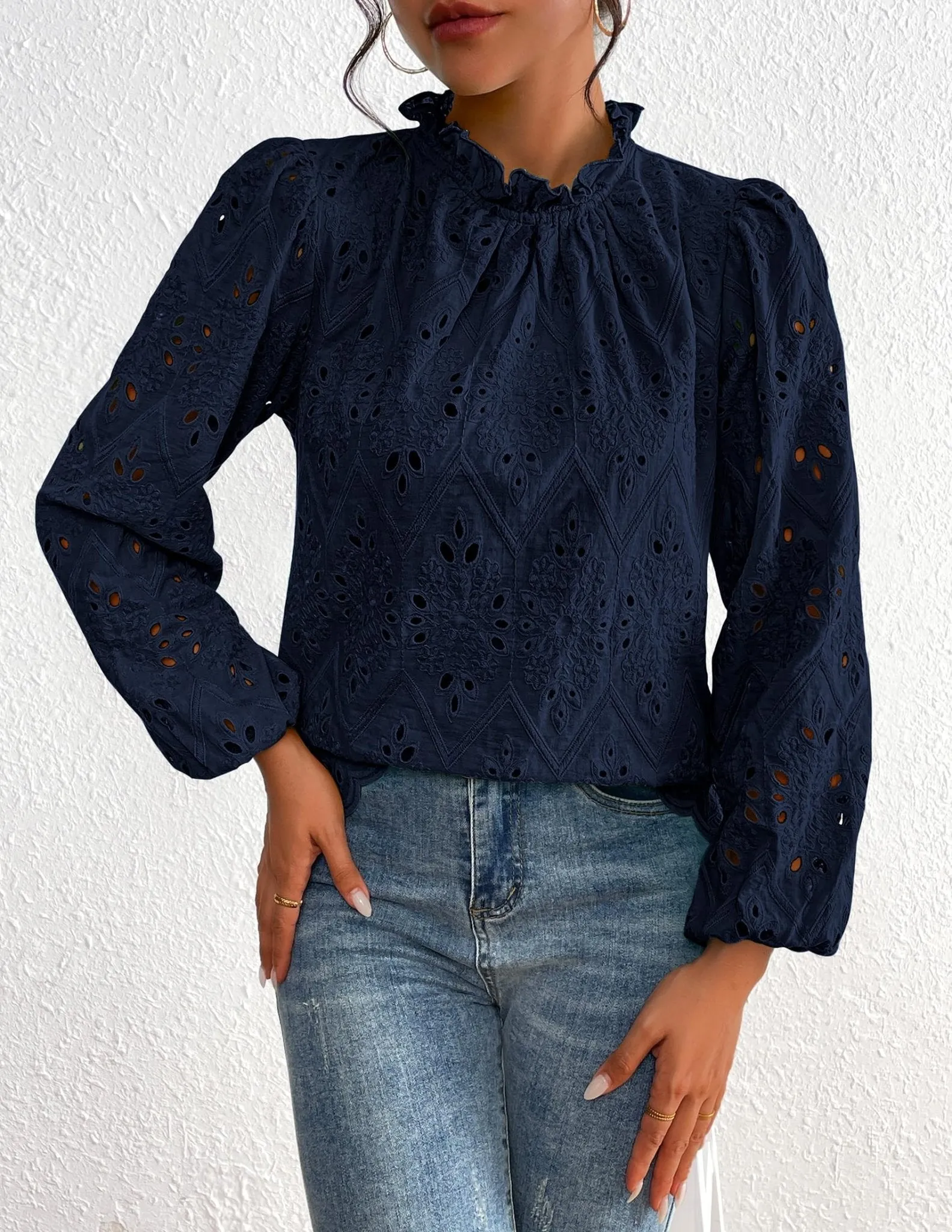 PRETTYGARDEN Womens Blouses Dressy Casual Embroidered Long Puff Sleeve Shirts Ruffle Eyelet Lace Top Fall Clothes (Navy,Medium)