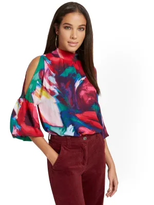 Printed Cold-Shoulder Balloon-Sleeve Blouse