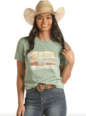 Rock & Roll Cowgirl Women's Motel Sunset Turquoise Tee RRWT21R0YG