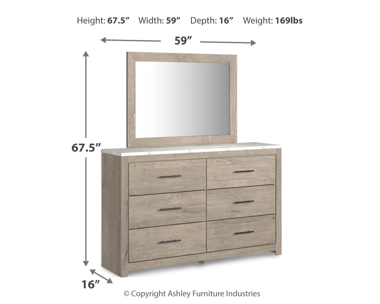 Senniberg King Panel Bed with Mirrored Dresser and Nightstand in Light Brown/White