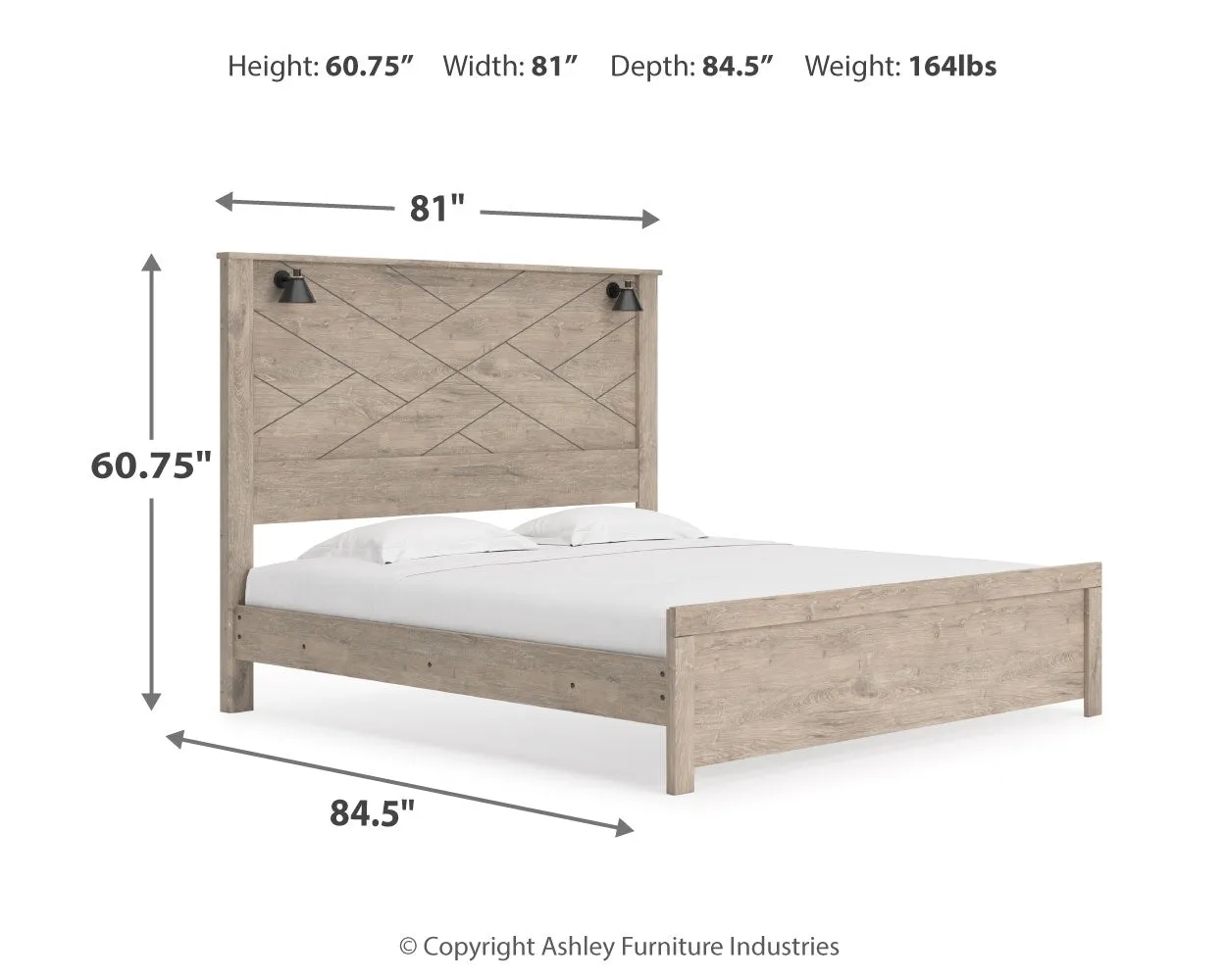 Senniberg King Panel Bed with Mirrored Dresser and Nightstand in Light Brown/White