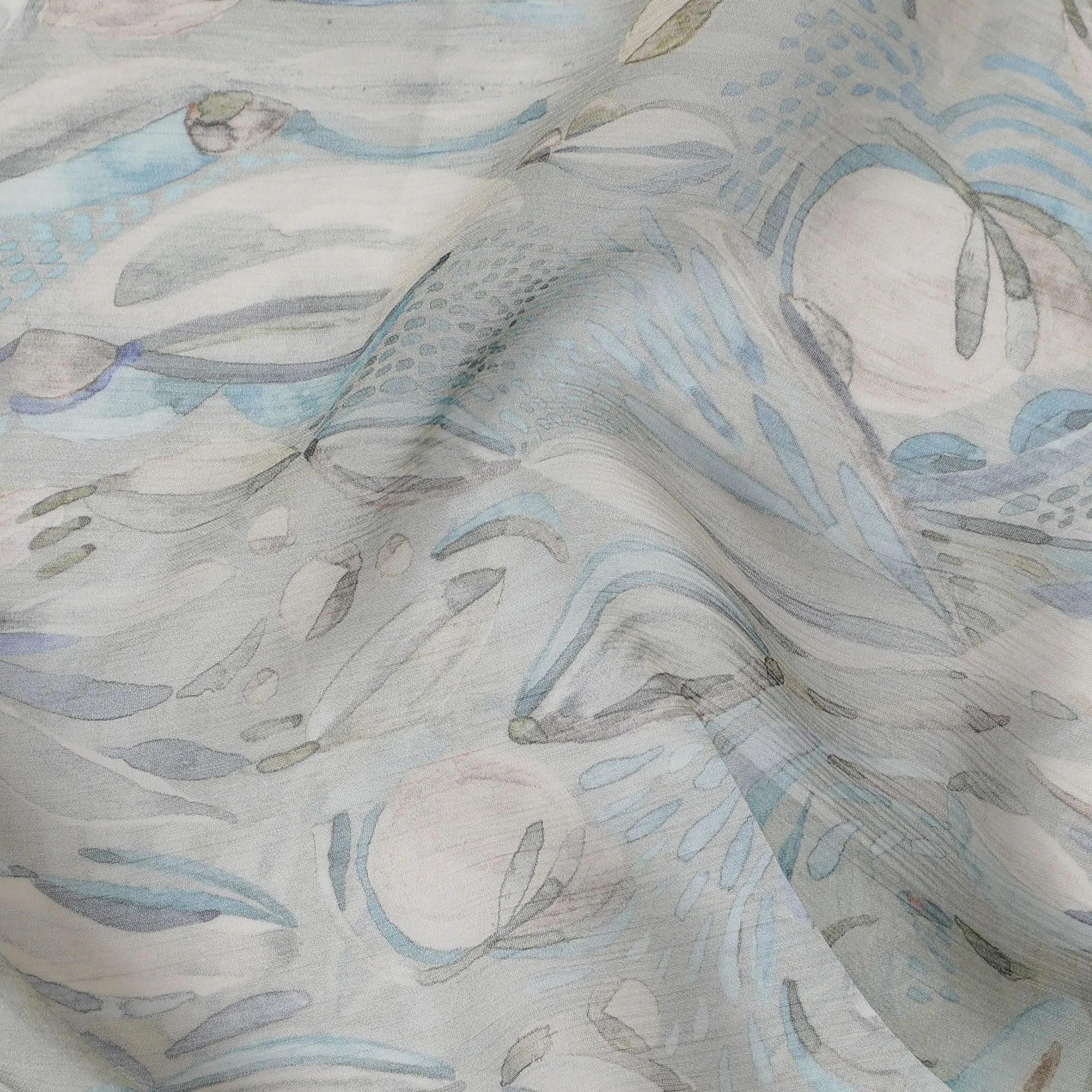 Serenity Blue Synthetic Chiffon Fabric, Elegant Feather Pattern, 110cm Wide - Shop Online for Crafts & Garments-D18118