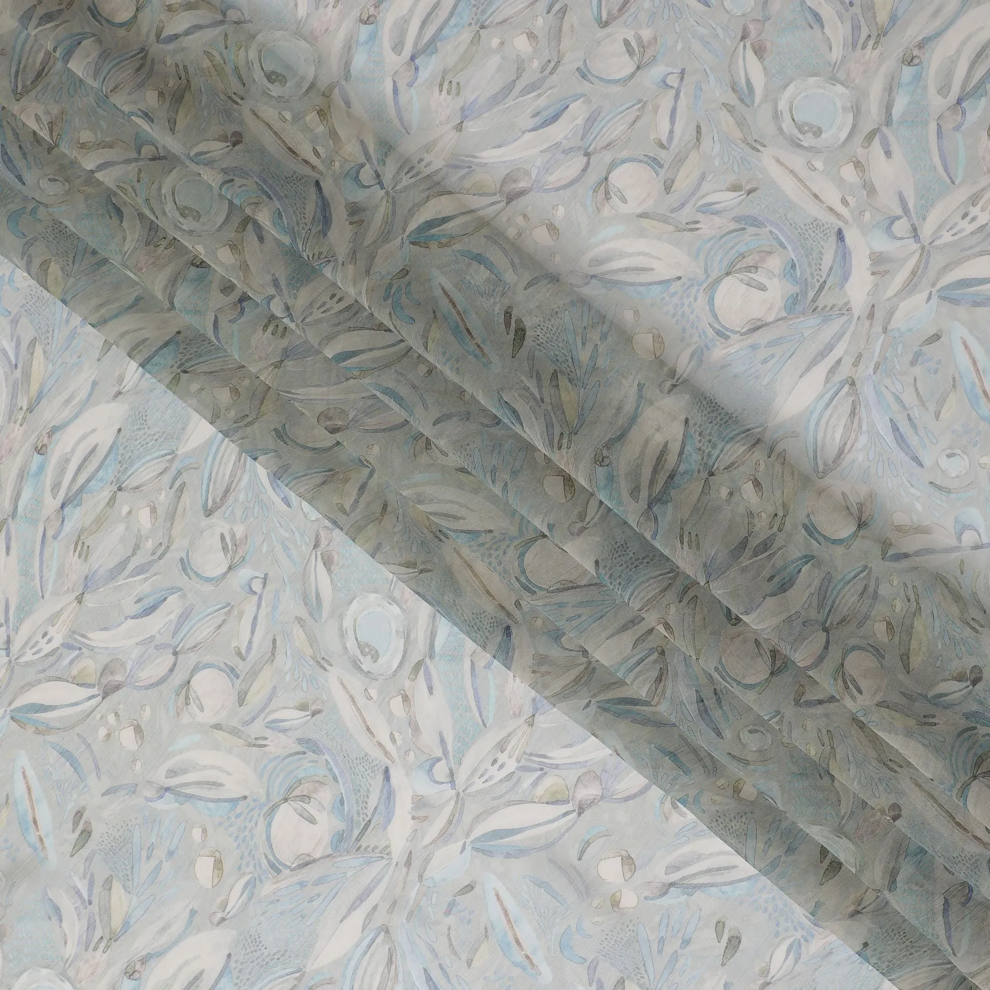 Serenity Blue Synthetic Chiffon Fabric, Elegant Feather Pattern, 110cm Wide - Shop Online for Crafts & Garments-D18118