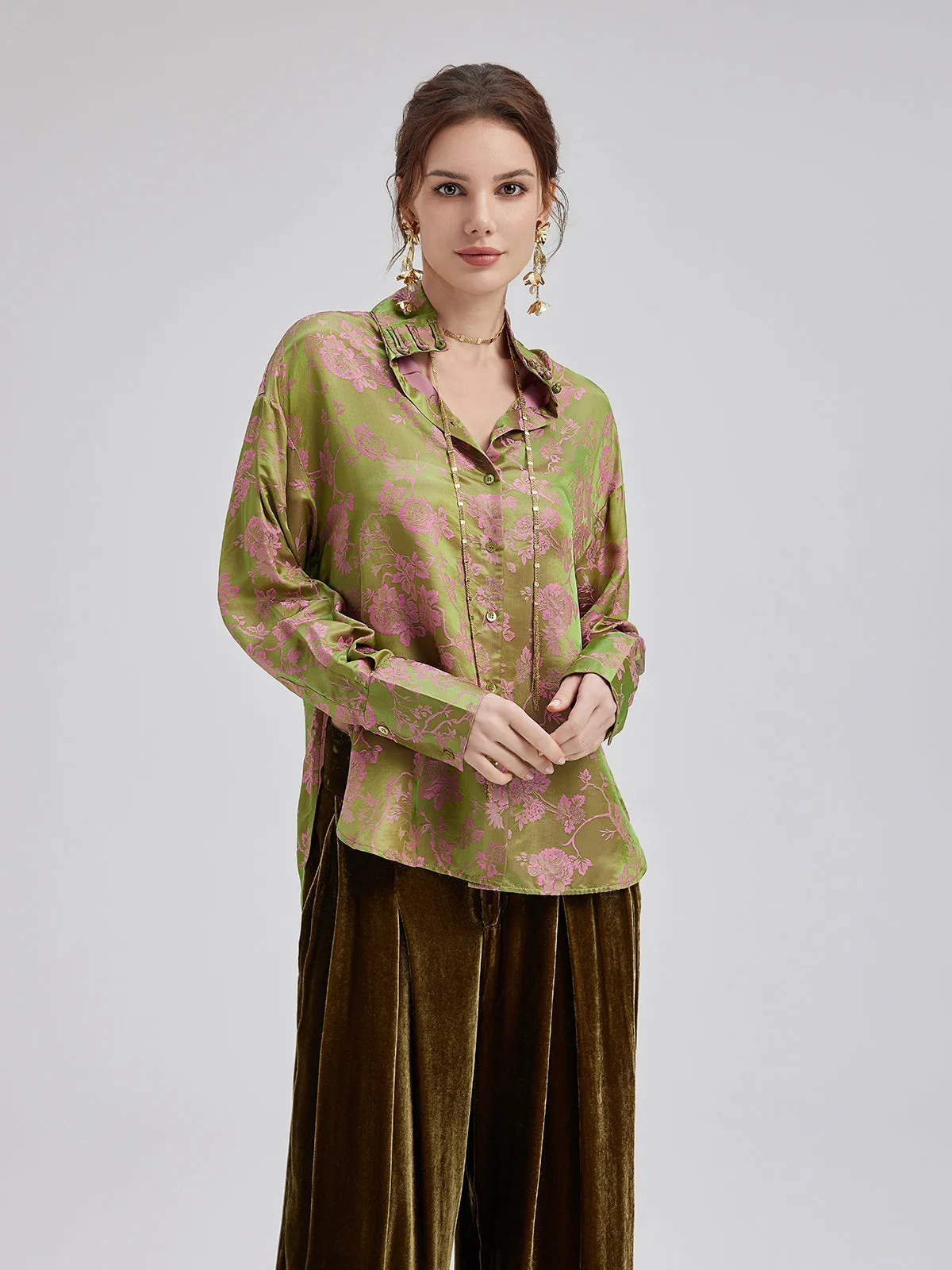 Silk Jacquard Mandarin Collar Top