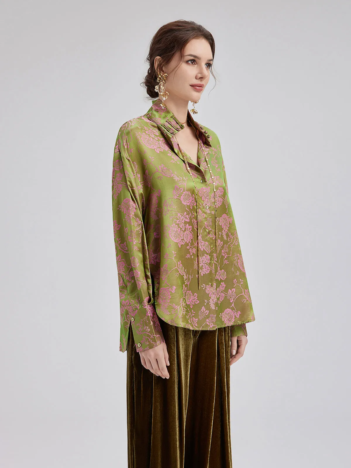 Silk Jacquard Mandarin Collar Top