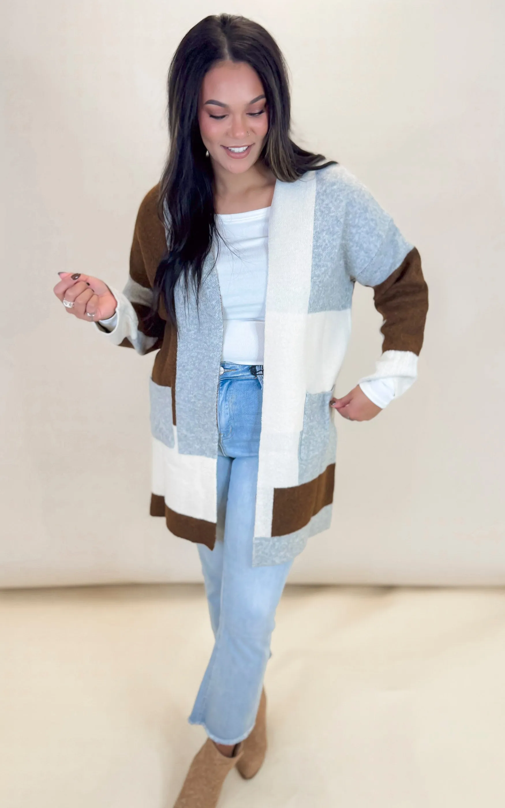 Soft Knit Color Block Open Cardigan