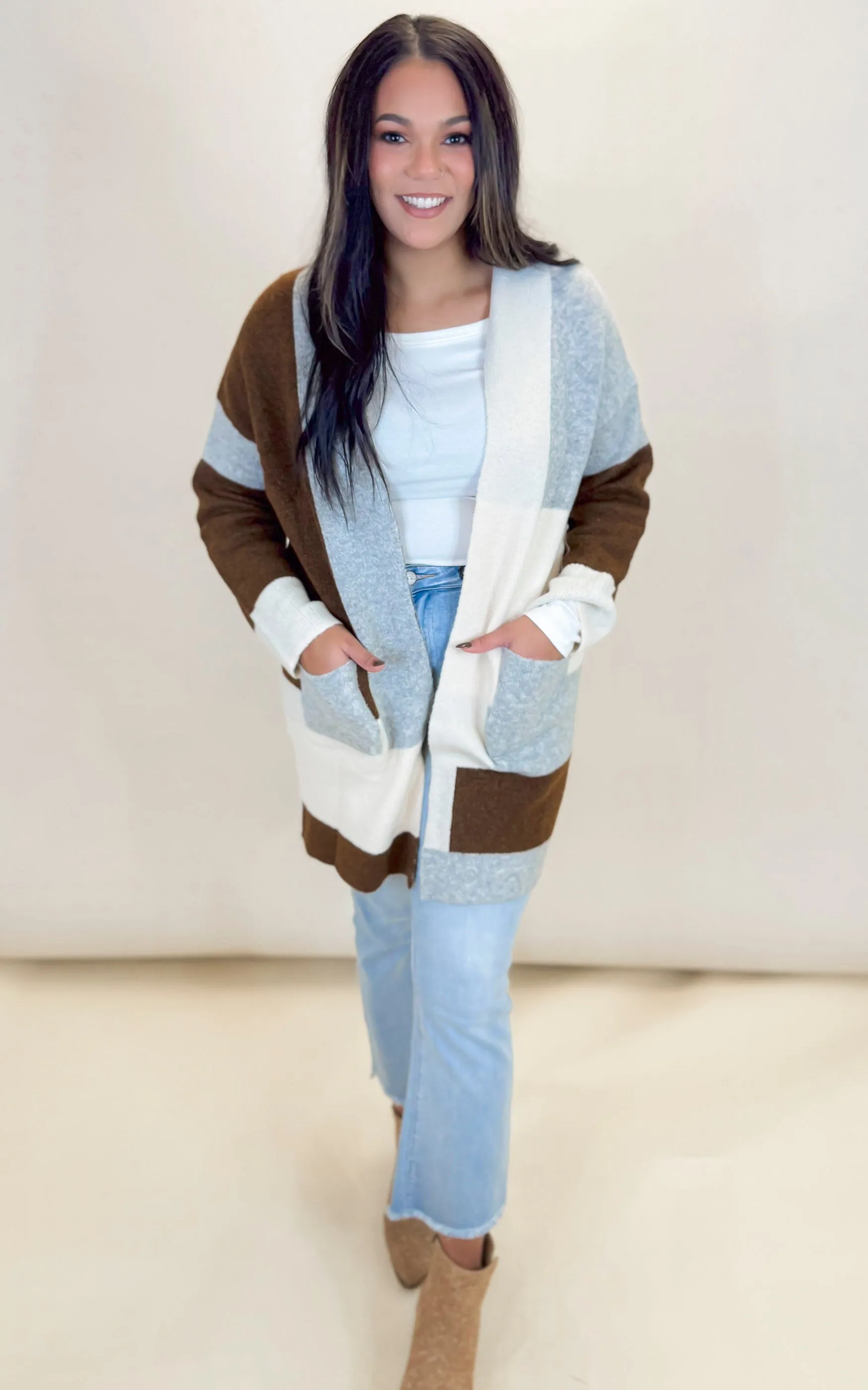 Soft Knit Color Block Open Cardigan