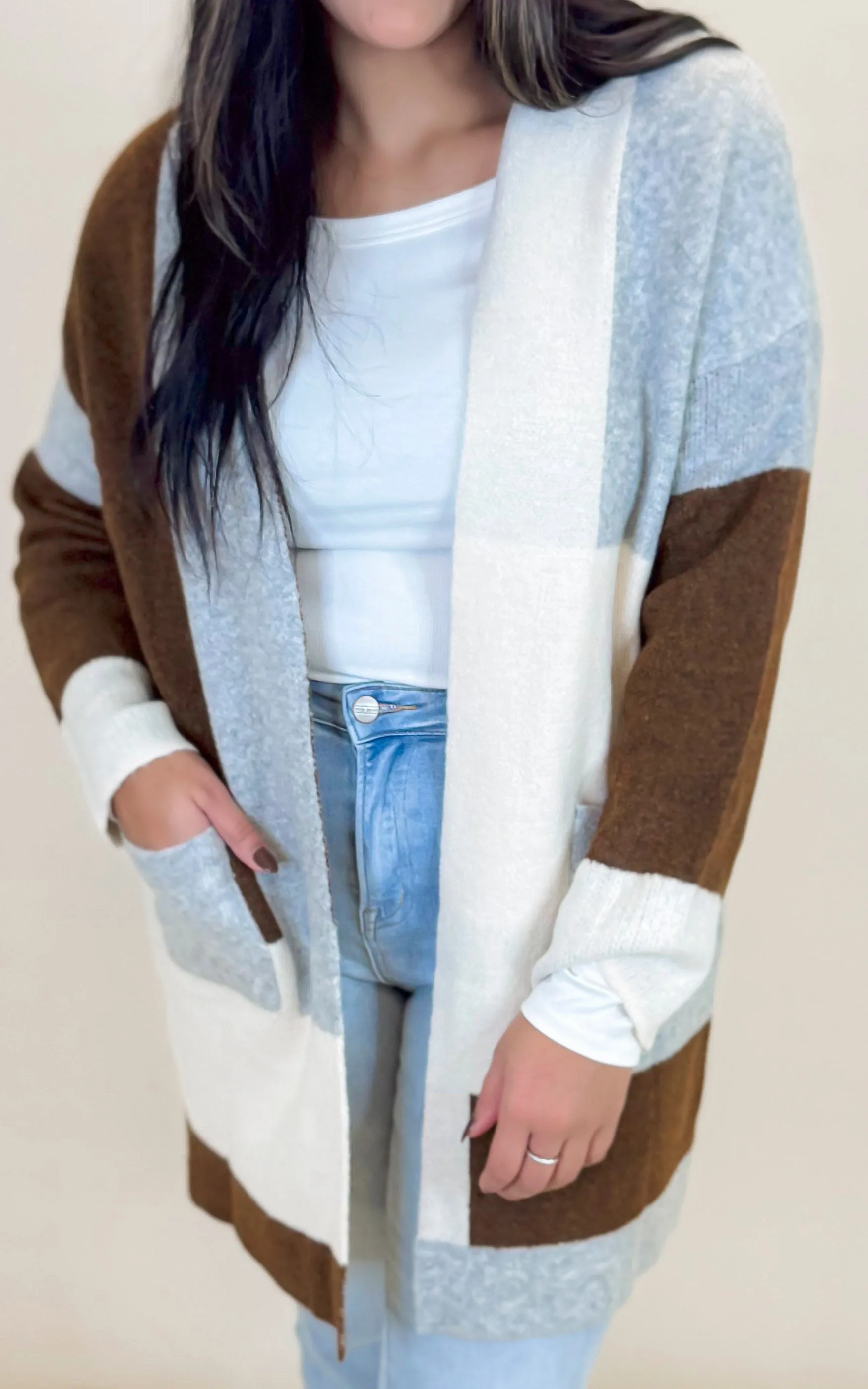 Soft Knit Color Block Open Cardigan