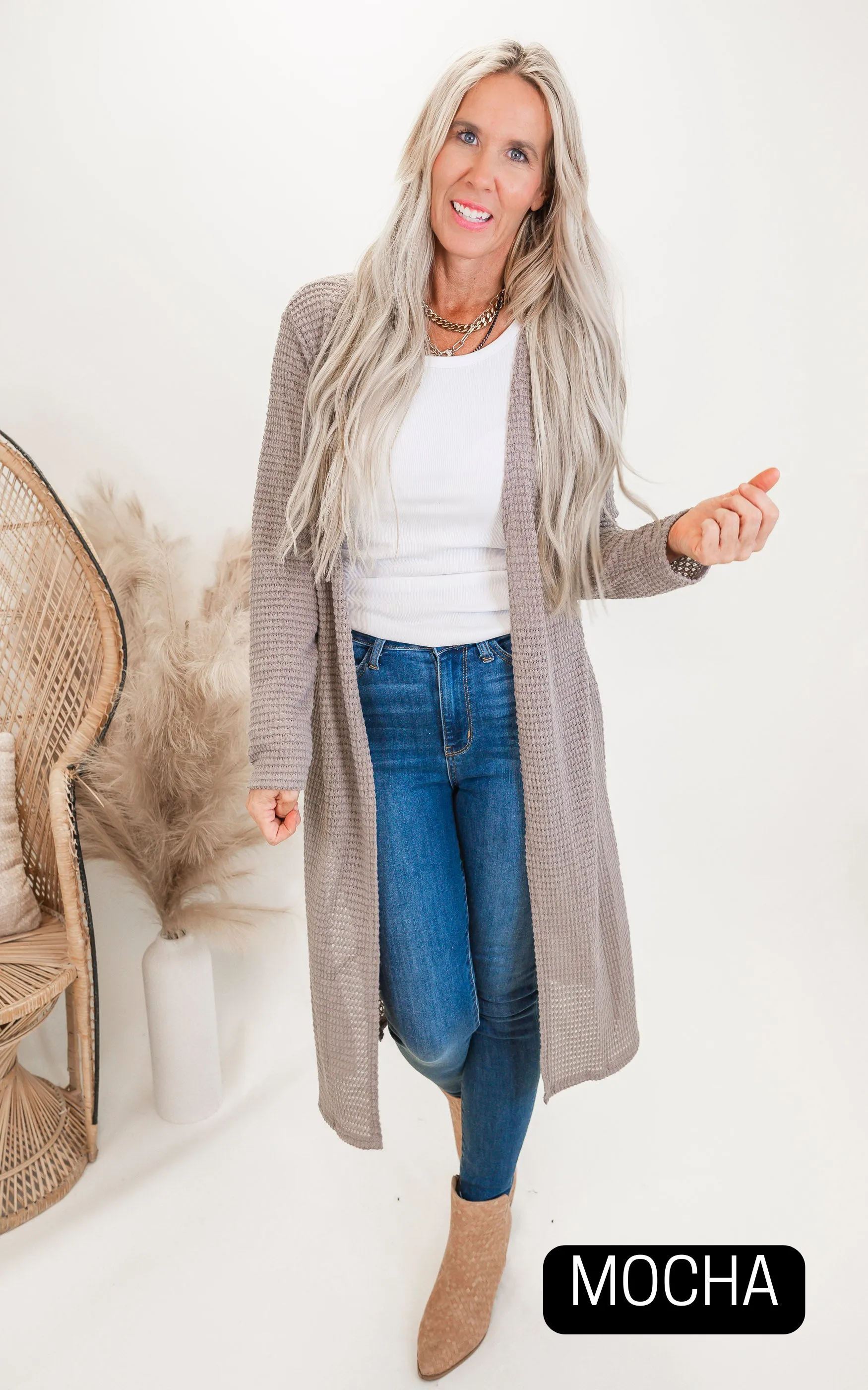 Solid Long Waffle Cardigan