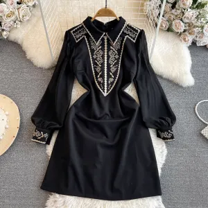 Spring and Autumn Long Sleeved Embroidered Mid Length A Line Dress 1706