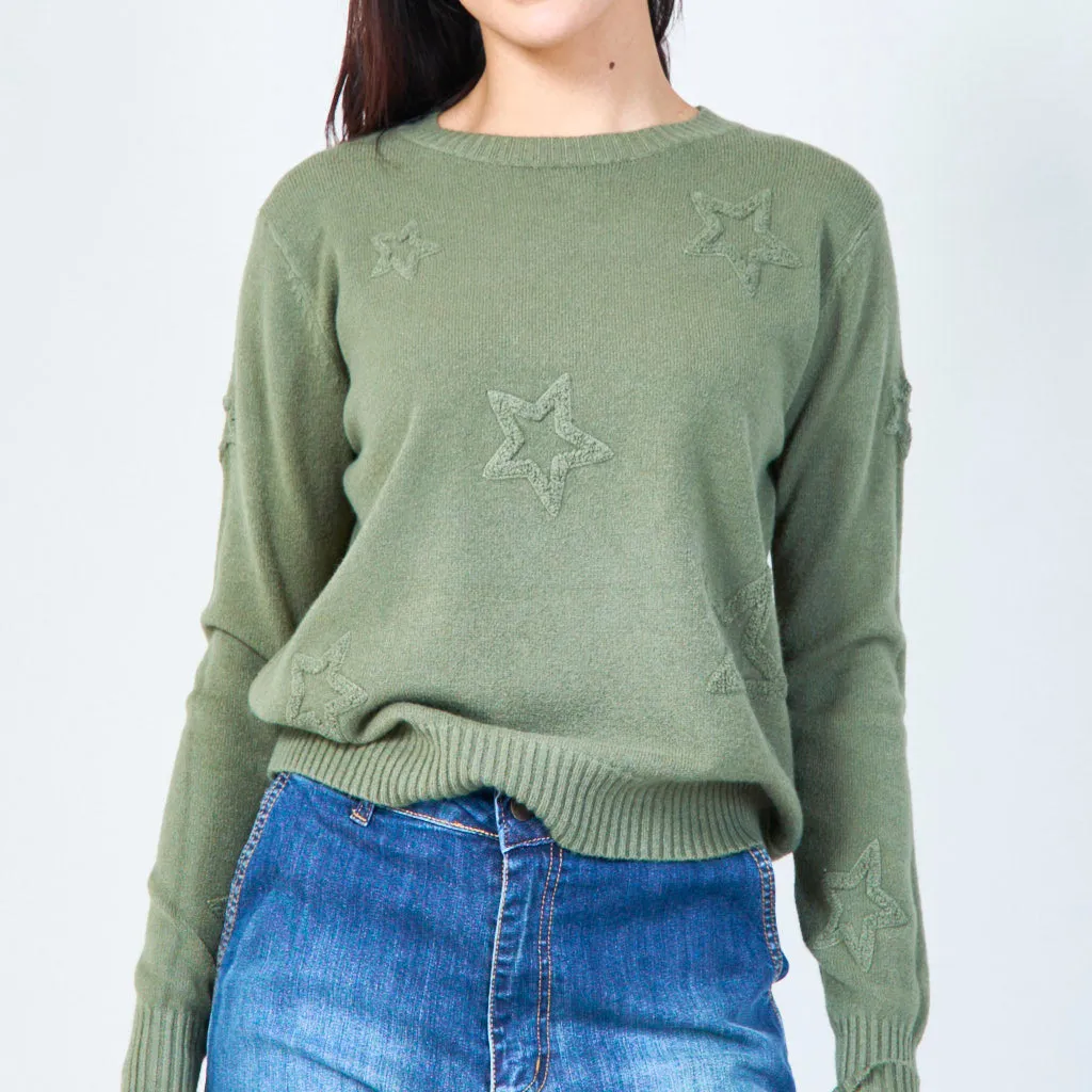 Star-embossed crew neck sweater wholesale