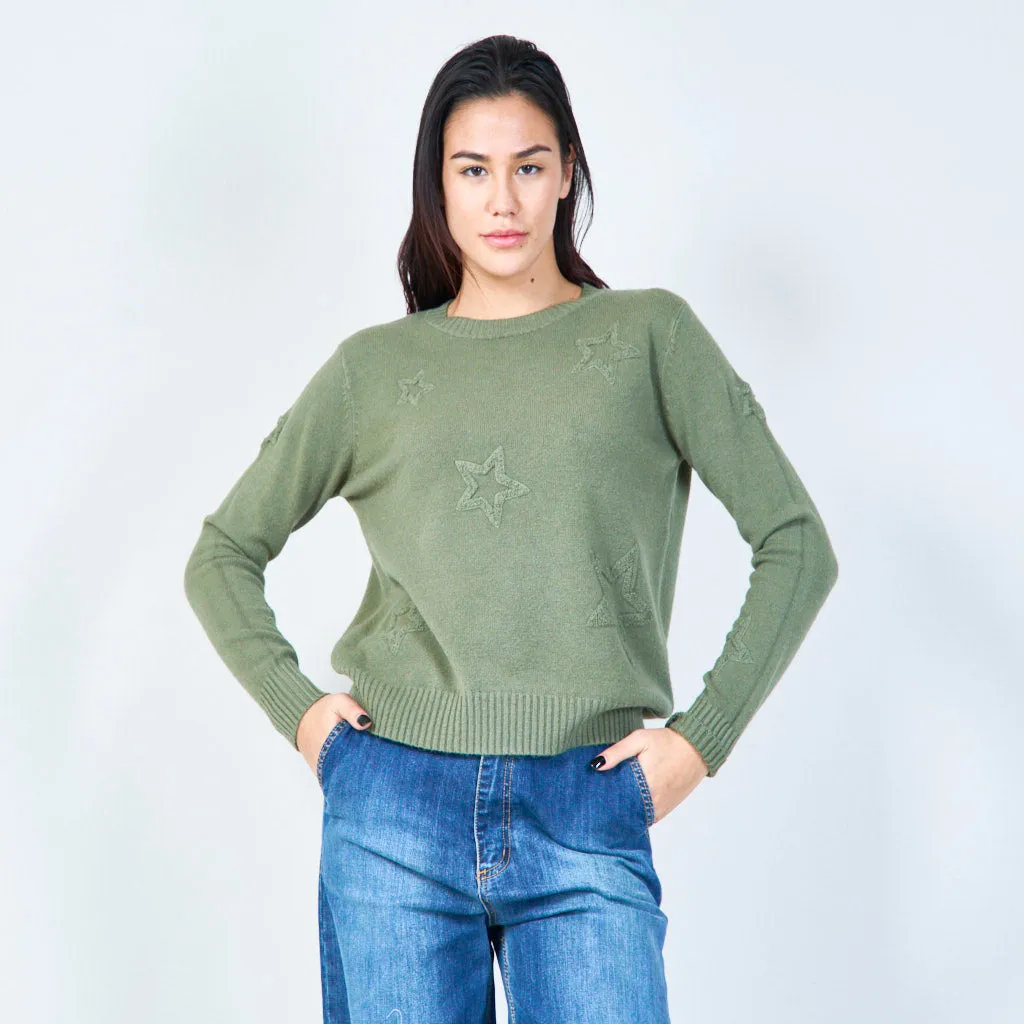 Star-embossed crew neck sweater wholesale