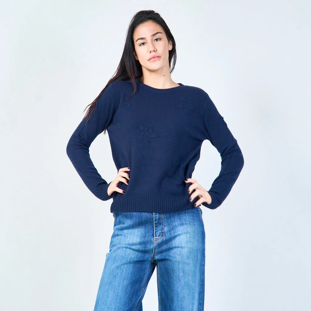 Star-embossed crew neck sweater wholesale