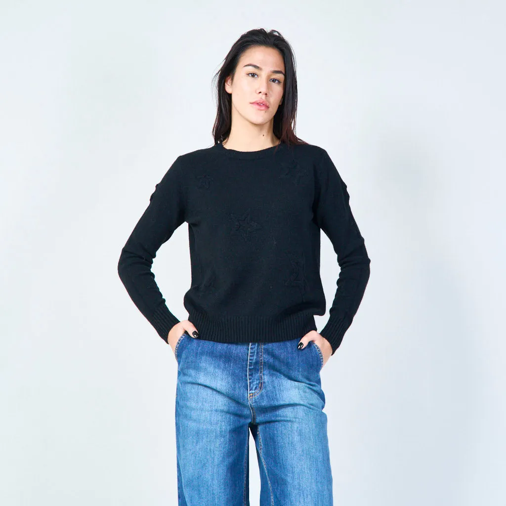 Star-embossed crew neck sweater wholesale