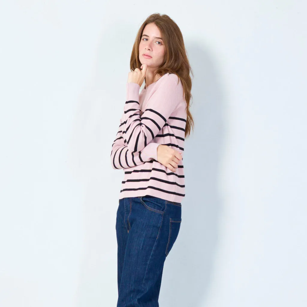 Striped crewneck sweater with button detail wholesale