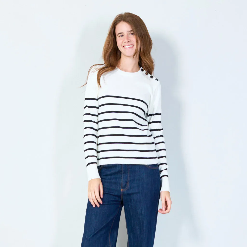 Striped crewneck sweater with button detail wholesale