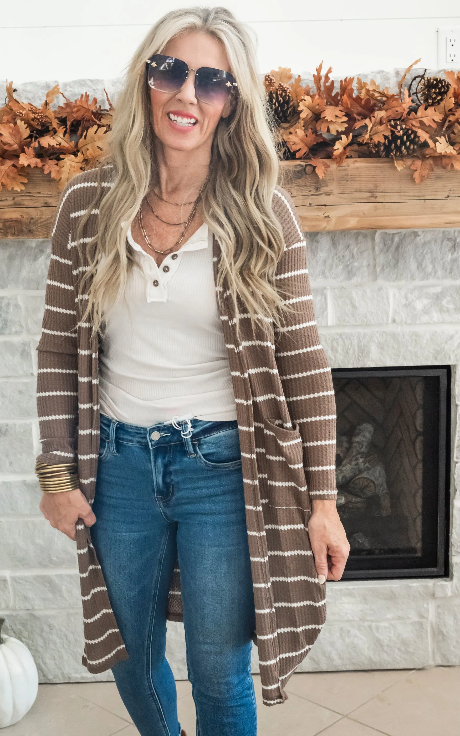 Striped Thermal Open Front Cardigan - Final Sale