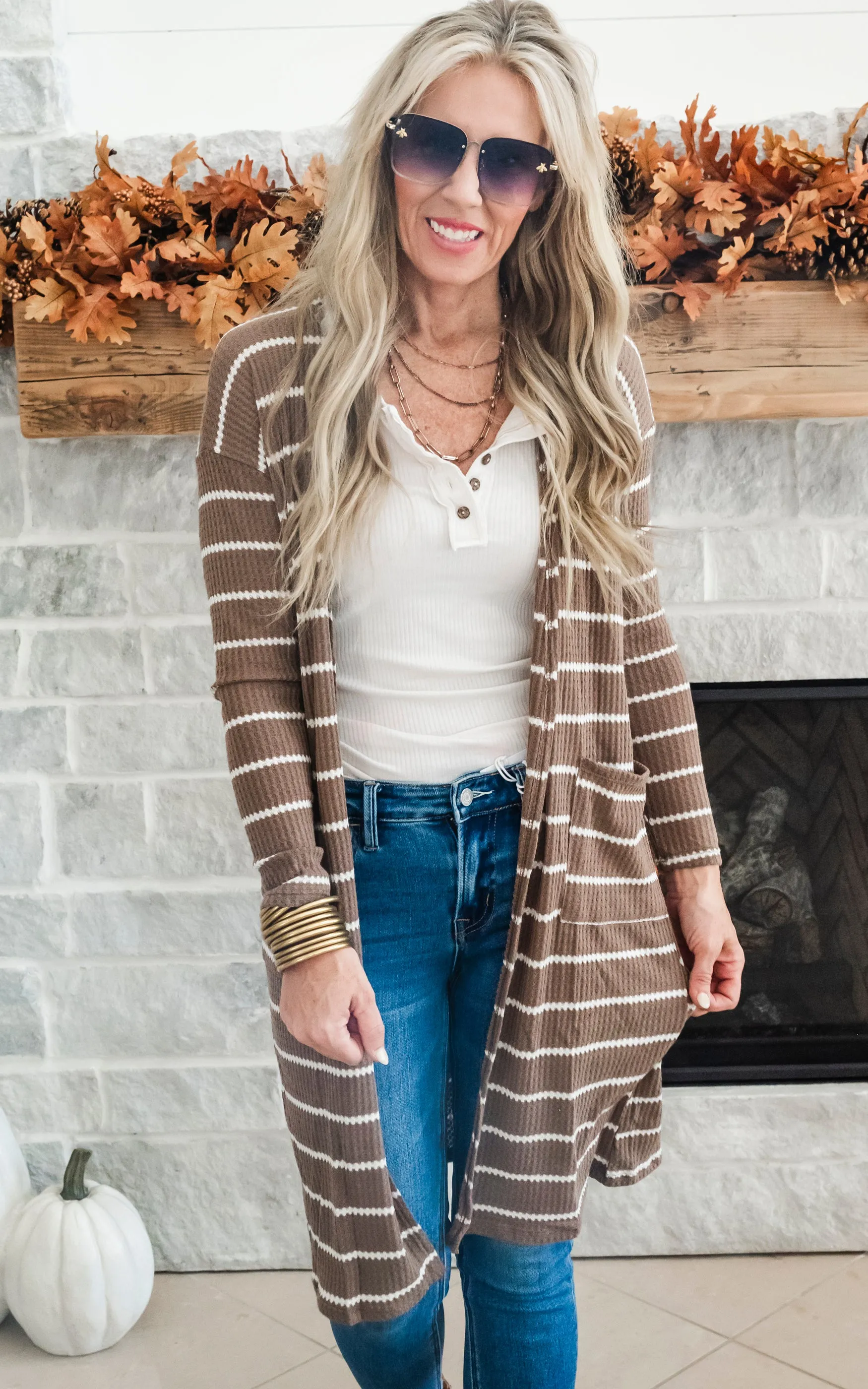 Striped Thermal Open Front Cardigan - Final Sale